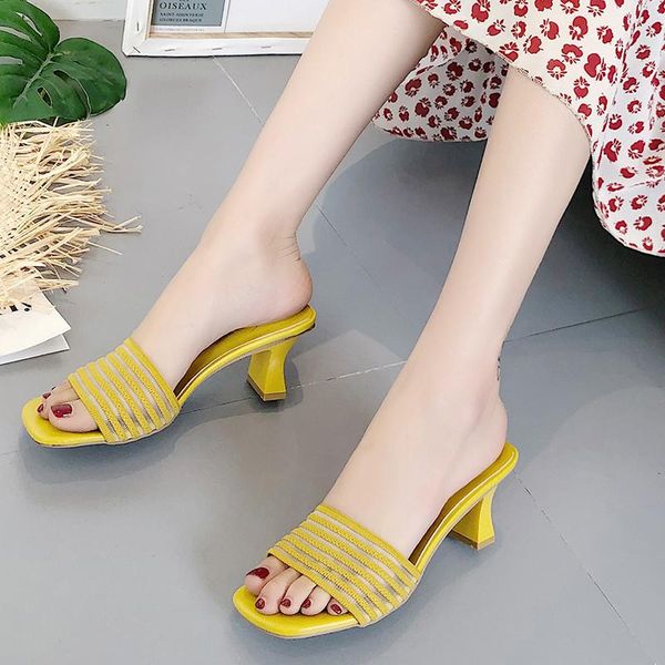 

slippers rimocy fashion elastic cloth outdoor women slip on square heels sandals woman black white yellow summer slides mujer