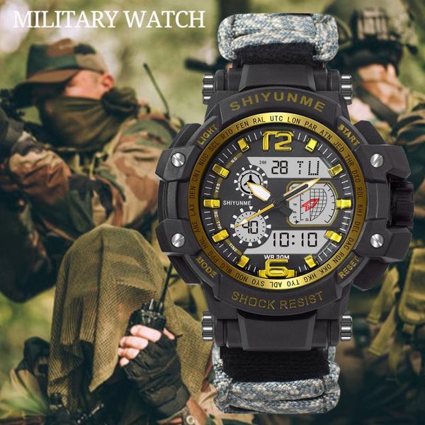 

wristwatches shiyunme outdoor fashion digital watch men shockproof 5bar waterproof dual time wristatches led chrono alarm mens watches, Slivery;brown