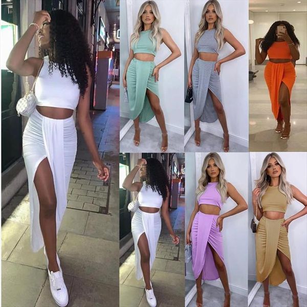 

summer fashion pure color short women tracksuits vest pleated split long skirt two piece suit, Gray
