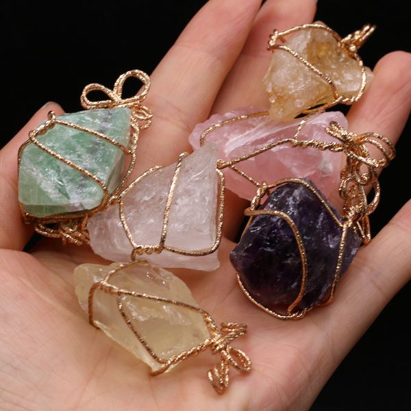 

irregular wire wrapped pendant natural rawstone healing crystal amethyst stone pendants diy necklace women gift jewelry, Silver