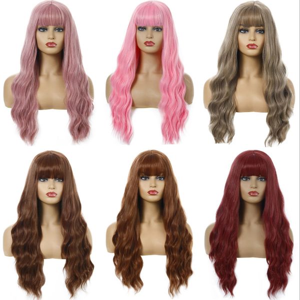 

26 inches synthetic wig with bangs long wave simulation human hair soft silky wigs for women wig-347, Black