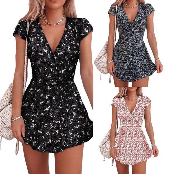 

casual dresses women elegant bodycon dress v-neck floral short sleeve mini, Black;gray