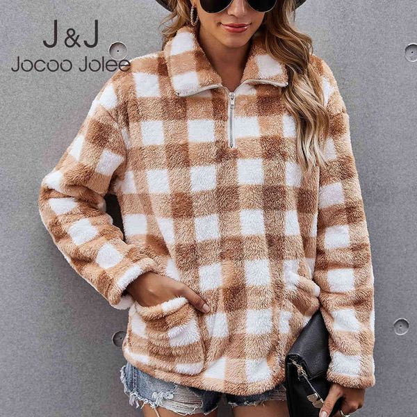 

jocoo jooee vintage plaid turtleneck hoodies casual thick warm plush zipper sweatshirt loose outwear pockets pullovers coat 210518, Black