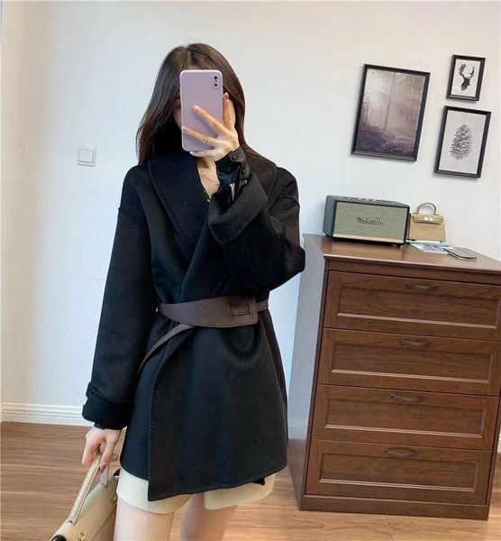 

women's wool & blends 2021 style 100% belt elegant woolen coat jacket, Black