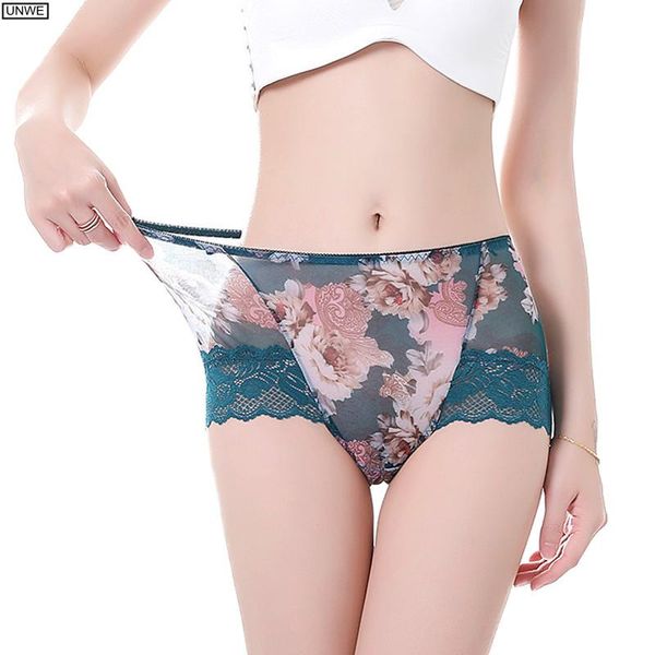

women's panties -3xl plus size printed lace women mid-waist seamless mesh ladies antibacterial underwear breathable briefs, Black;pink