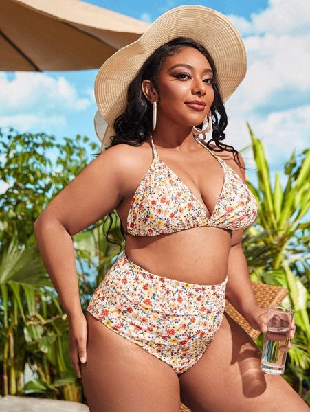 

plus ditsy floral print bikini swimsuit z3a8#, Black