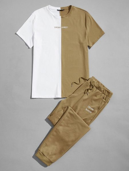 

men color block embroidered letter tee & pants set z1wk#, Gray