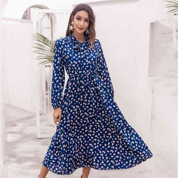 Vintage Lanterna Manga Azul Leopardo Imprimir Dot Dot Winter Dress Mulheres Long Bowknot Outono Elegante Vestidos 210427