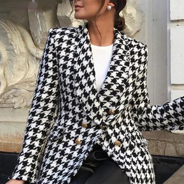 

women's jackets women slim black white tweed blazer jacket coat, Black;brown