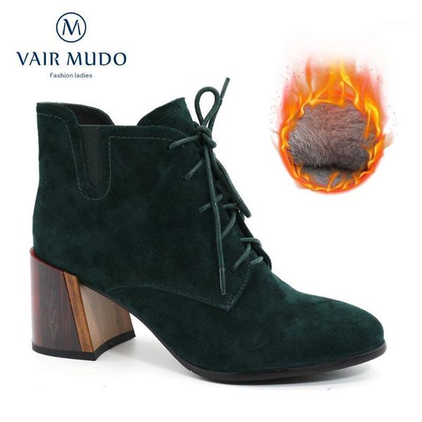 

boots vair mudo ankle women autumn winter high heels lace up kid suede short plush and wool thick basic female dx1091, Black