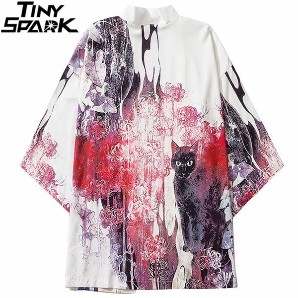 

hip hop japanese kimono jacket 2021 men flower cat print harajuku japan style streetwear summer thin clothing men's jackets, Black;brown