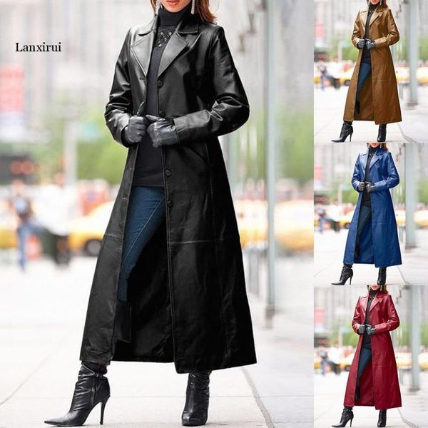 

women's trench coats women autumn winter solid color faux leather long slim wind coat windbreaker moto&biker, Tan;black
