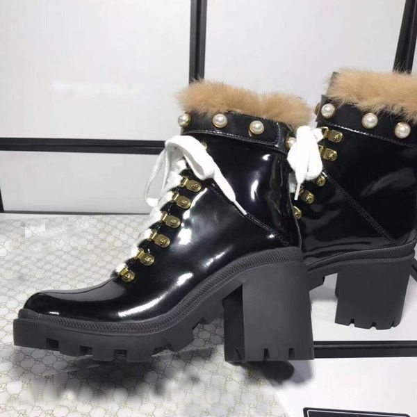 

boots ankle for women black leather platform high heels motorcycle runway real fur pear decor party shoes woman