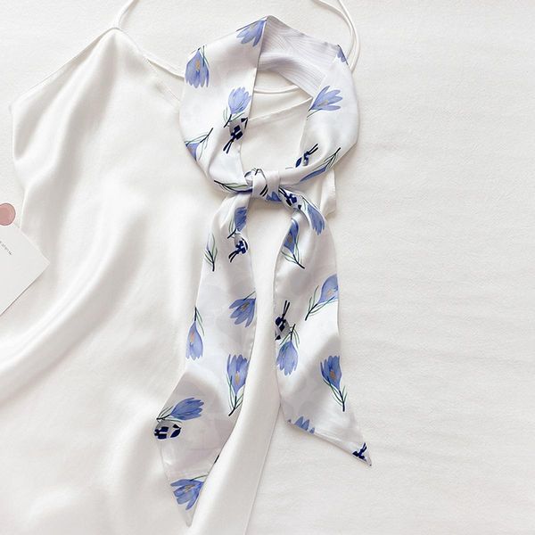 

6 colors silk scarf flower fashion spring summer autumn small narrow scraves for women bag accessaries 7*130cm, Blue;gray