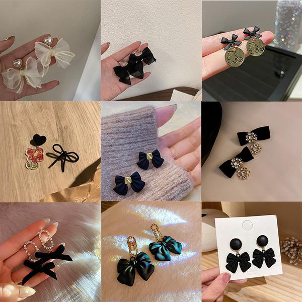 

stud black bow-knot earrings short leather flower dangler belt rhinestone ear studs women girl gifts for friends, Golden;silver