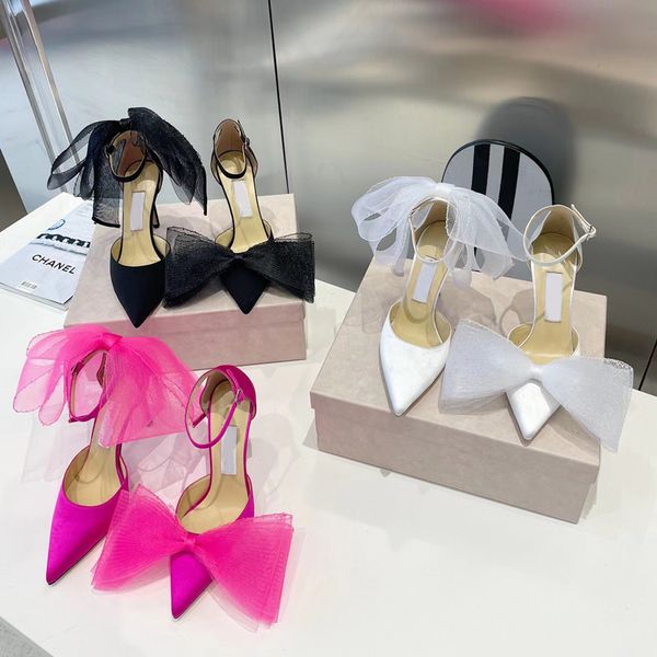 Tasarımcılar Sandalet Kadın Ayakkabı Elegant Markalar Mesh Yay Pompaları Gerçek Deri Sole Kapak Topuk Lüks Tasarımcı Ayakkabı 9.5cm Yüksek Ladies Düğün Partisi Sandal