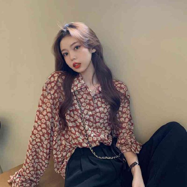 

spring vintage style floral print women's shirt blouse long sleeve red ladies tunic loose button female clothing 210521, White