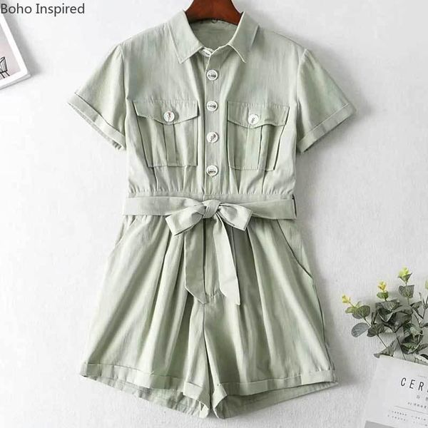 

women's jumpsuits & rompers boho inspired mint green playsuit women short sleeve buttons belt tied pockets romper 2021 summer jumpsuit, Black;white