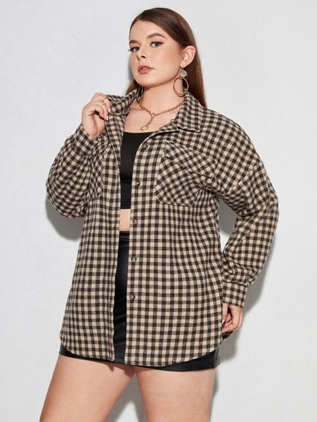 

plus gingham pattern flap pocket front button up outwear l1i8#, Black