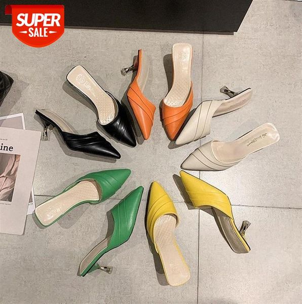 

women's high-heeled mules shoes baotou half slippers fold upper ladies #rn1j, Black