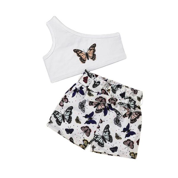 

clothing sets 2 pieces kids suit set summer butterfly print one shoulder sleeveless short + shorts for girls 18 months-6 years, White