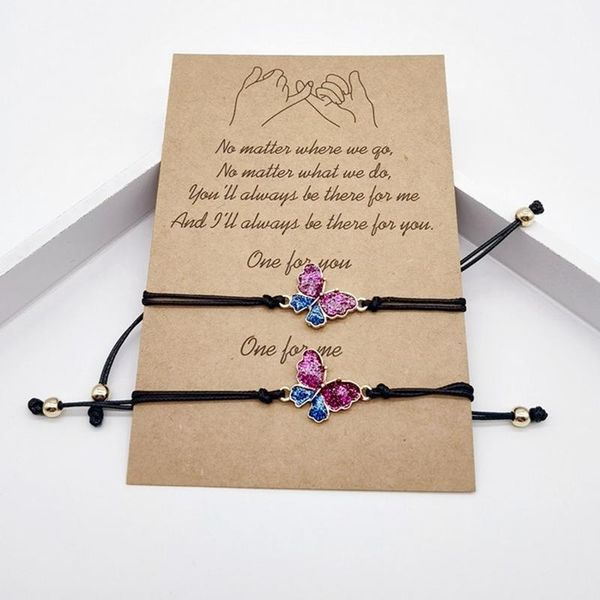 

2pcs/set handmade rope butterfly bracelet for women lovers bff braslet couple wristband jewelry charm bracelets, Golden;silver