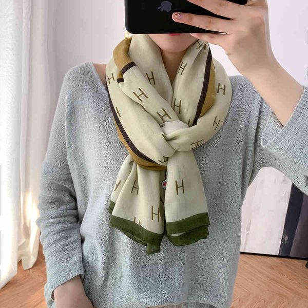 

70% off design scarf scarf female 2021 korean version four seasons fashion thin long cotton linen spring printed anti puff silk, Blue;gray