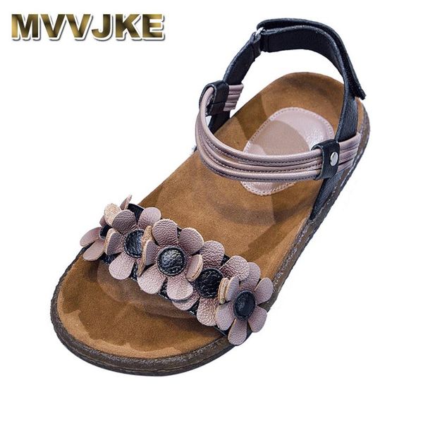 

women sandals fashion genuine leather summer shoes bohemia flowers beach flat, Black