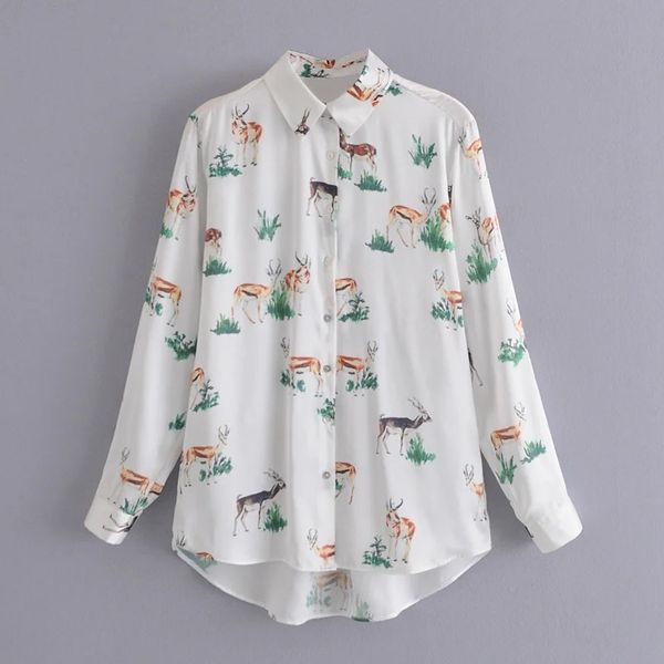 

women za blouse spring vintage animal print oversize shirt elegant plus size loose female lapel collar fashion 210521, White