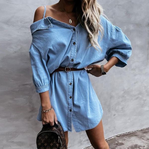 

party dresses fashion fall blue denim dress casual spaghetti strap half sleeve turn-down collar button up mini shirt robe jean femme, White;black