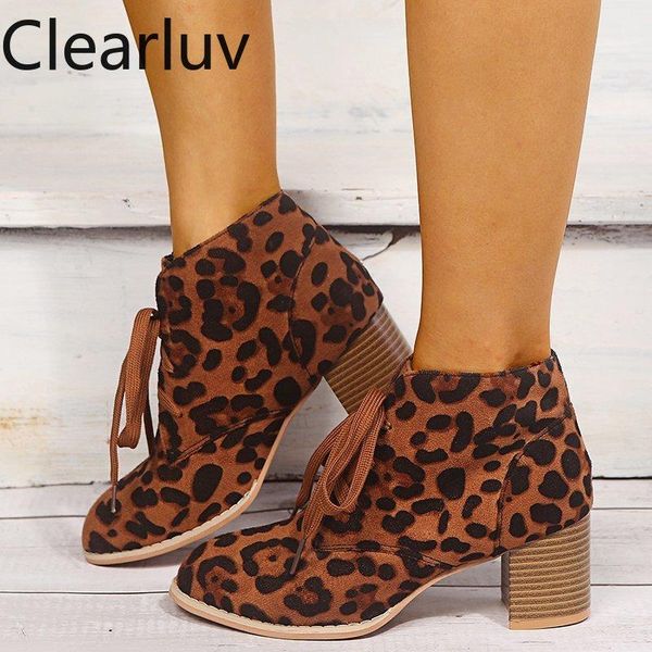

boots 2021 lace-up short leopard print large size pointed square heel ankle for women chunky platform, Black