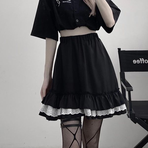 

skirts gothic 2021 women summer black lace solid high waist empire a link mini folds jk cute #s08