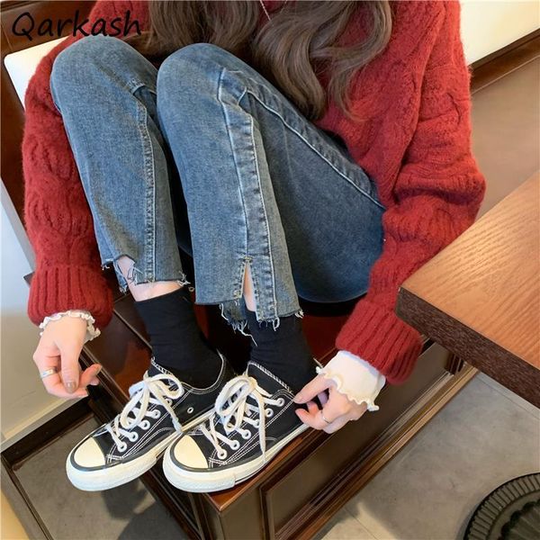 

women's jeans ripped women pure preppy style simple denim daily fit autumn ankle length leisure high waist ulzzang side-slit chic femme, Blue