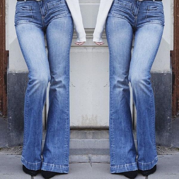 

women's jeans women fashion juniors bell bottom high waist fitted denim for female, Blue