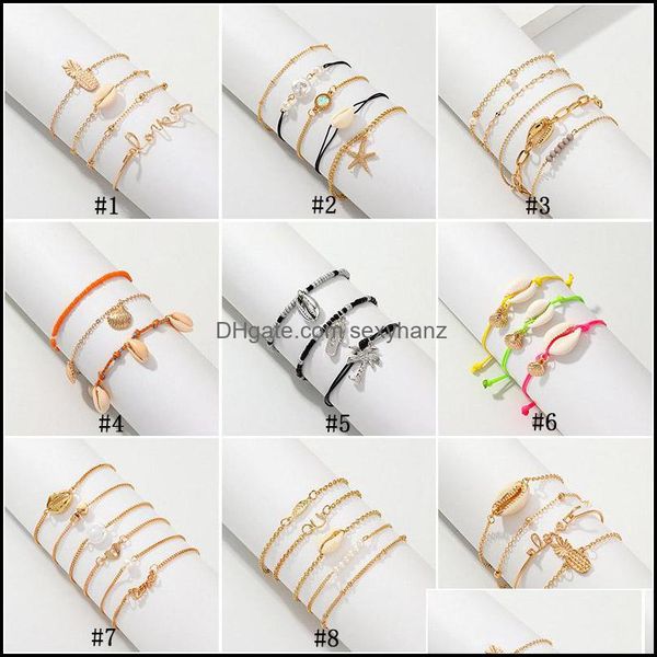 

bohemian sea shell bracelets set for women pine pearl starfish charm string rope chains female boho hawaiian beach jewelry gift drop deliver, Golden;silver