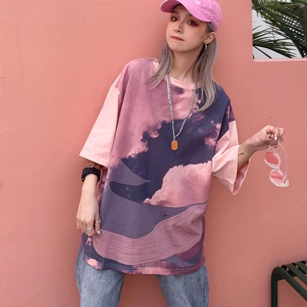 

women's t-shirt women plus size tie-dye print loose casual streetwear short sleeve ladies tee shirt, White