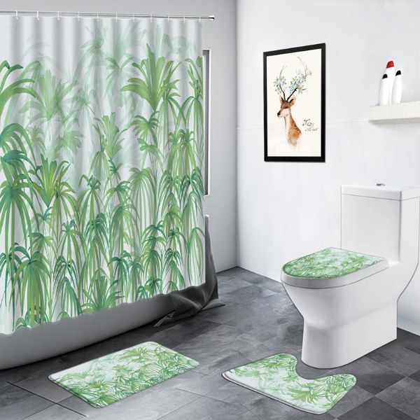 

shower curtains floral green leaves curtain tropical plant flowers grass scenery decor bathroom toilet mat non-slip carpet bath mats sets