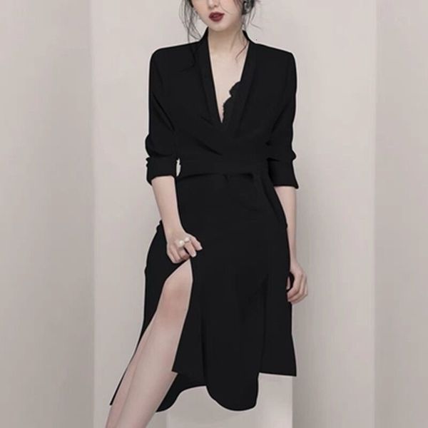 

casual dresses women black fashion deep v long sleeve slim asymmetrical ol style mini ruffles office lady 6aa9, Black;gray