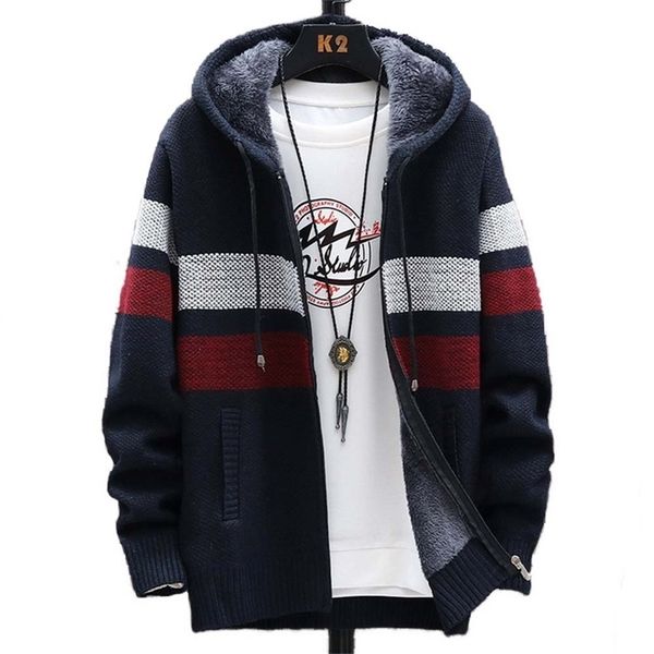 

faliza men's striped sweater coat thick fleece warm zipper wool hooded cardigan jumpers men long sleeve knitted sweaters xy110 220108, White;black
