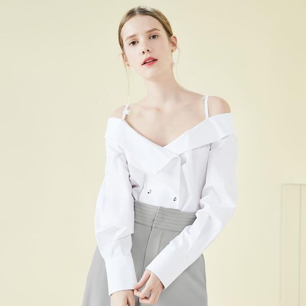 

women's blouses & shirts cotton solid shirt lapel off shoulder double breasted long sleeve blouse women white camisas de mujer lady clo