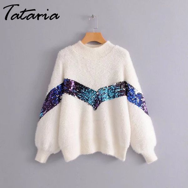

winter sequins mohair sweater women pullover knitted woman knitting pullovers causal o-neck s fashion 210514, White;black