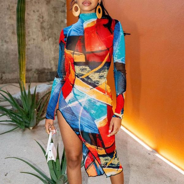 

casual dresses printed long sleeve irregular bodycon dress women high split party midi fall elegant night club clothes female, Black;gray