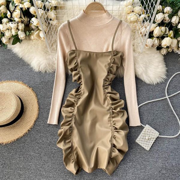 

casual dresses yuoomuoo ins fashion ruched pu leather mini women dress solid sweater and spaghetti strap bodycon two piece sets, Black;gray