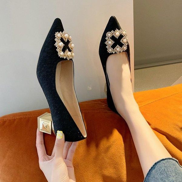 

dress shoes women's suede rhinestone pearl square heel mid-heel strap comfortable pointed shallow mouth single, Black