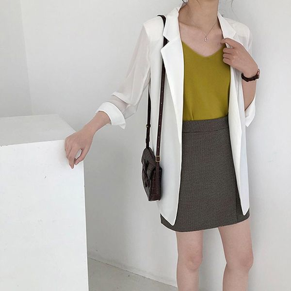 

women's suits & blazers female jackets chiffon blazer three quarter thin suit coat korea women plus size casual loose outerwear, White;black
