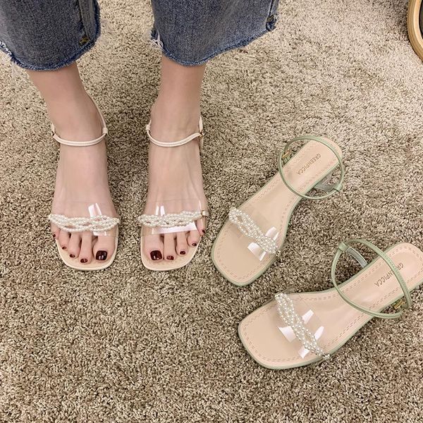 

sandals rhinestone black shoes for women 2021 summer all-match anti-skid med block heels beige fashion girls low medium chun