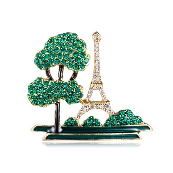Emaille Eiffelturm Gebäude Baum Brosche Grüne Broschen für Frauen Anstecknadeln Anstecknadel Kleidung Schal Abzeichen