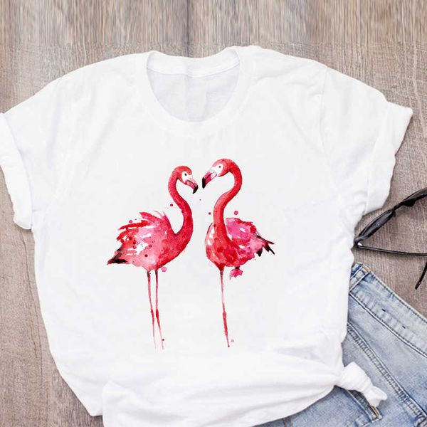Donne Graphic Cartoon Flamingo Beach Stampa acquerello T-shirt estiva Camicia Top Abbigliamento donna Abbigliamento donna Tee T-shirt femminile X0628