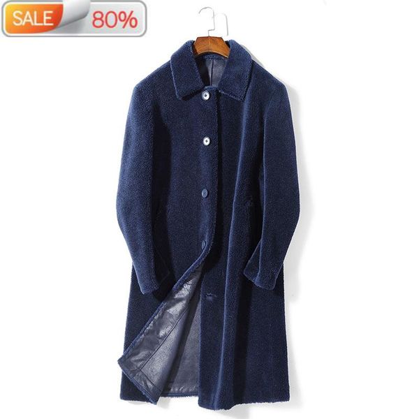 

men's leather & faux ayunuse real fur coat winter sheep shearing 100% wool jacket long overcoat korean erkek mont 2021 k9syji035 b23509, Black