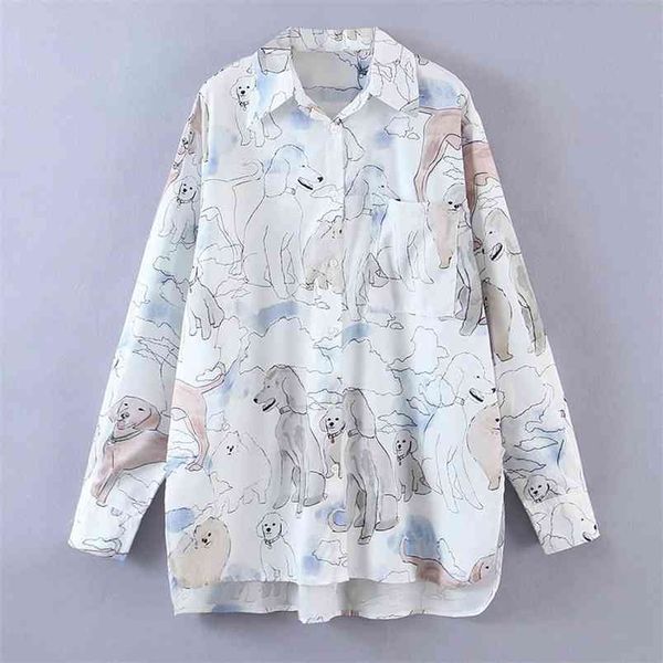 

women fashion animal cartoon pattern shirt female asymmetry hem blusas loose lapel long sleeve chic 210531, White
